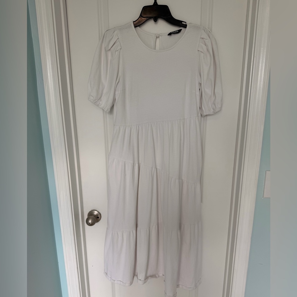BTFBM White Tiered Cotton Puff Sleeve Midi Dress S Cottagecore